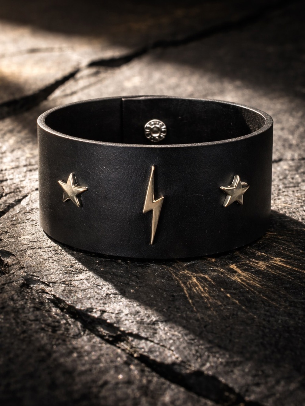 Rock n Roll Black Leather Cuff Bracelet with Silver Lightning & Star Studs